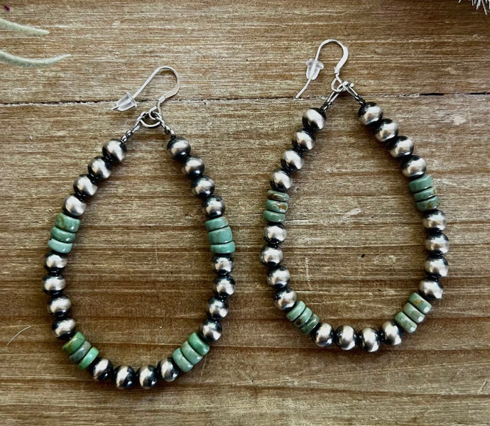 E0521.  3” Navajo Pearls Turquoise Earrings